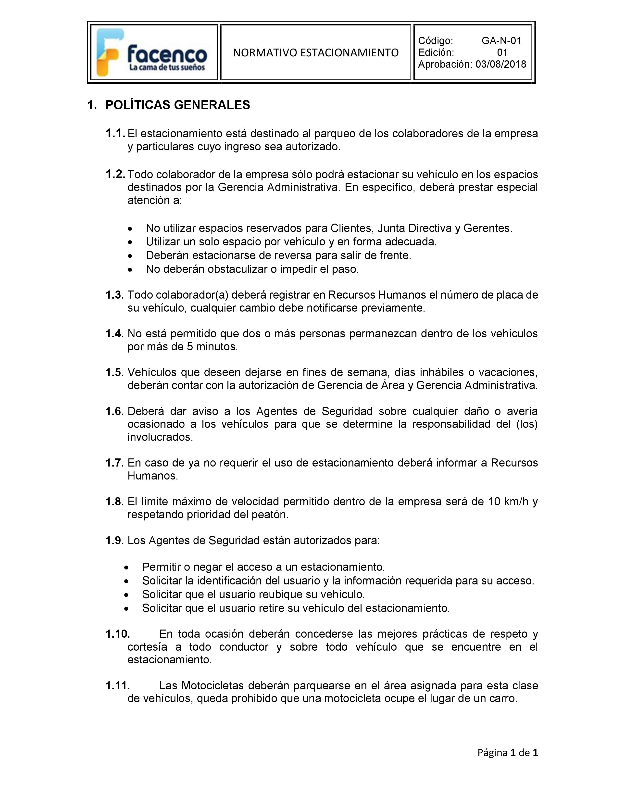 Normativo de Estacionamiento Portal Facenco
